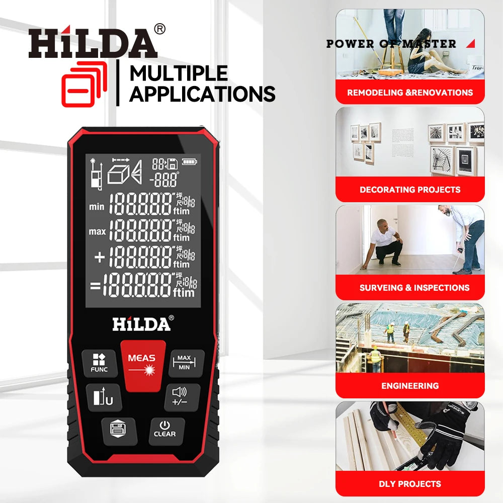 HILDA Laser Distance 50M/100M/120M Télémètre Profesional Mètre Laser Range Finder Règle Outil de Test