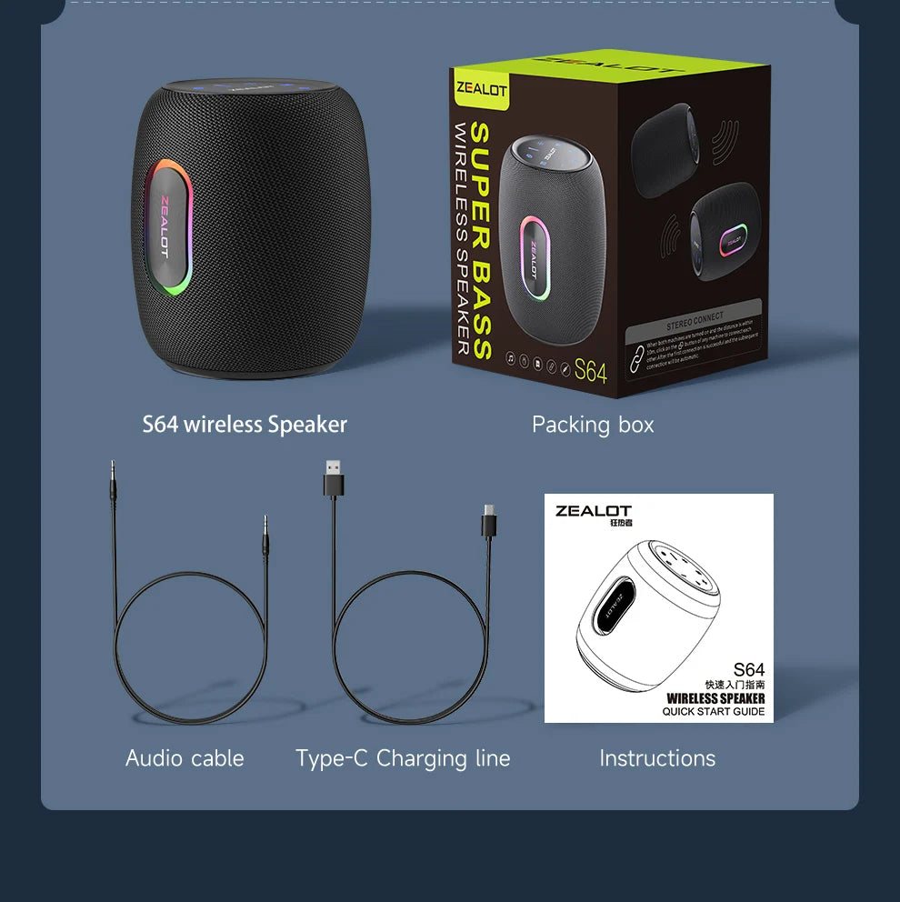 Haut-parleurs sans fil ZEALOT S64 50W, haut-parleur de subwoofer portable extérieur étanche IPX 6, batterie 14400mAh.