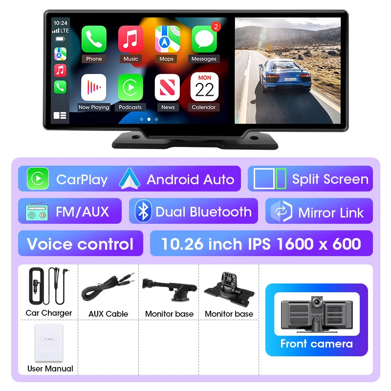 Dash Cam 10/11.26 pouces 4K voiture DVR sans fil Carplay et Android Auto GPS Navigation enregistreur vidéo tableau de bord double objectif Wifi FM AUX