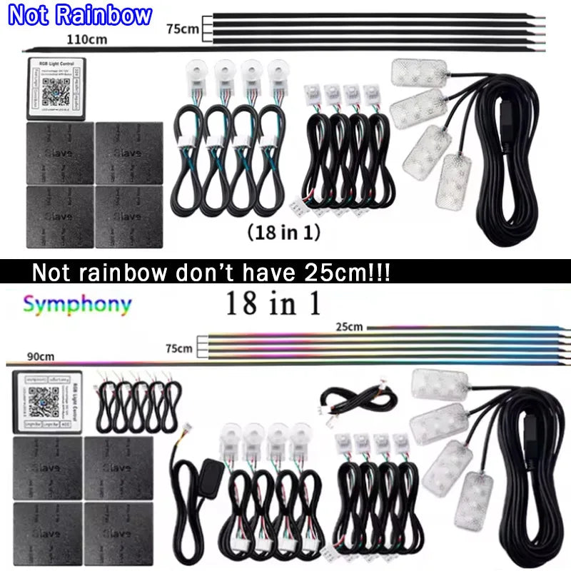 Kit de lumières ambiantes LED pour voiture, Bluetooth, arc-en-ciel, bandes acryliques, escales, lampe, streamer, 14/18, 64 documents, RVB, 12V, 10 en 1, 213 en 1