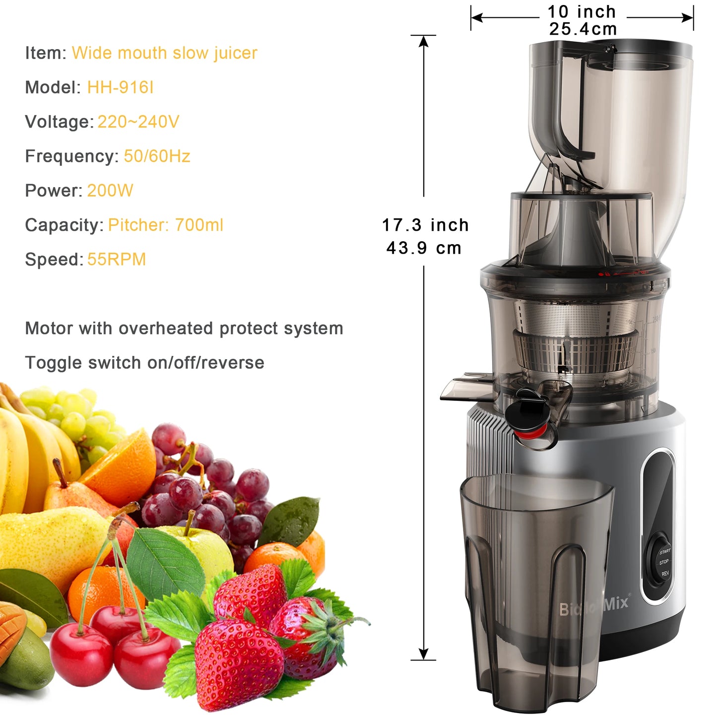 BioloMix Presse-agrumes à pression froide avec goulotte d'alimentation de 75 mm, extracteur de jus à mastication lente à moteur puissant de 200 W 40-65 tr/min pour les fruits entiers