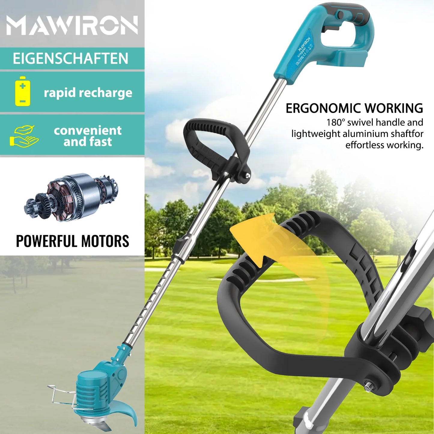 Tondeuse à gazon sans fil compatible avec batterie Makita 2x 18V/3.0Ah, coupe-bordure léger pour mauvaises herbes, arbustes, cultures, tondeuse à gazon