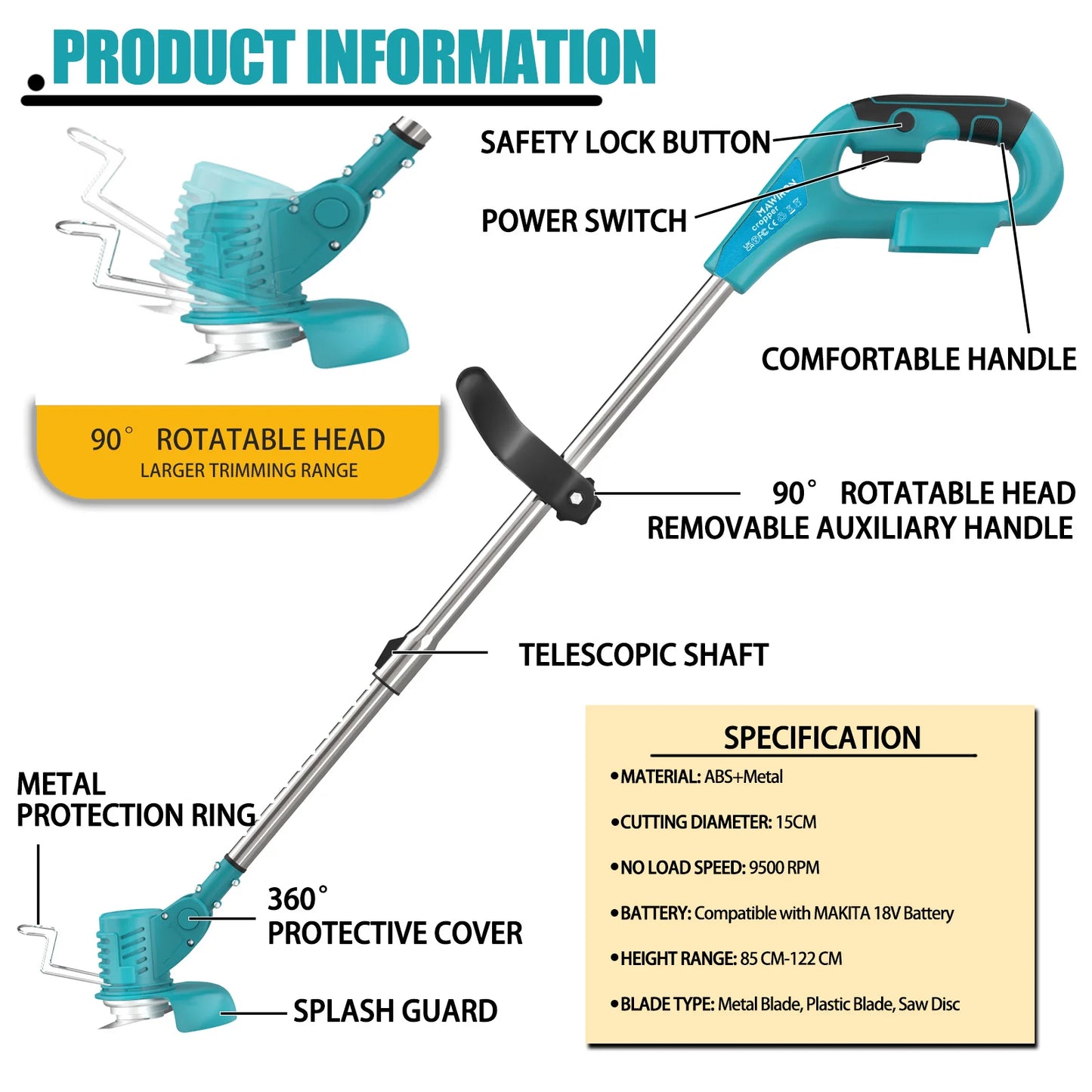 Tondeuse à gazon sans fil compatible avec batterie Makita 2x 18V/3.0Ah, coupe-bordure léger pour mauvaises herbes, arbustes, cultures, tondeuse à gazon