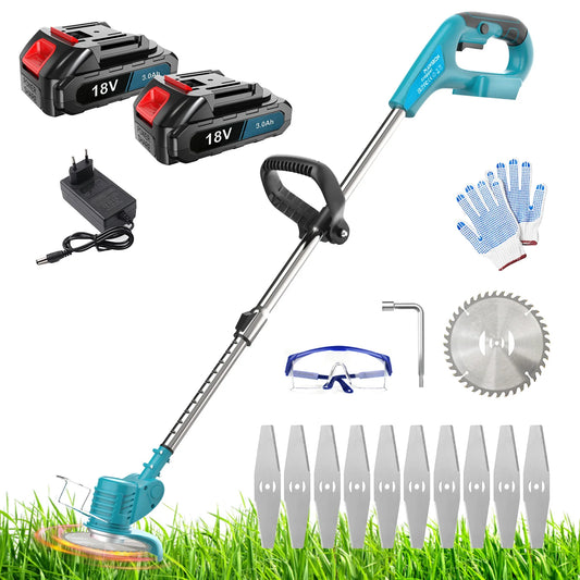 Tondeuse à gazon sans fil compatible avec batterie Makita 2x 18V/3.0Ah, coupe-bordure léger pour mauvaises herbes, arbustes, cultures, tondeuse à gazon