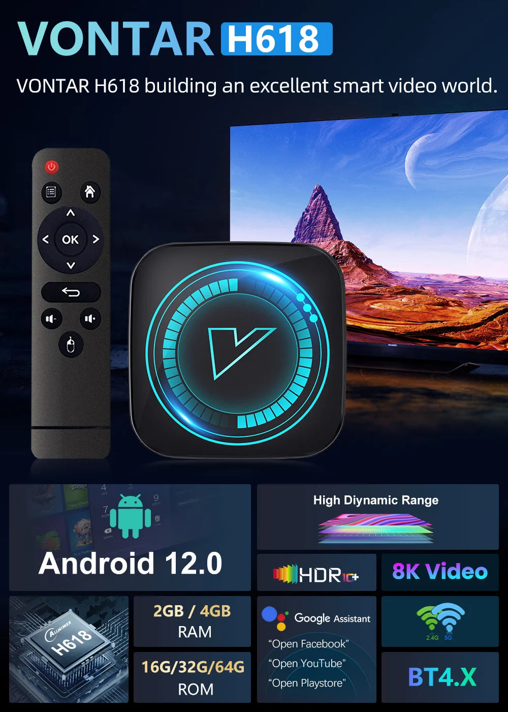 VONTAR H618 Smart TV Box Android 12 Allwinner Quad Core Cortex A53 Soutien 8K Vidéo Wifi Google Voix Media Player Set Top Box